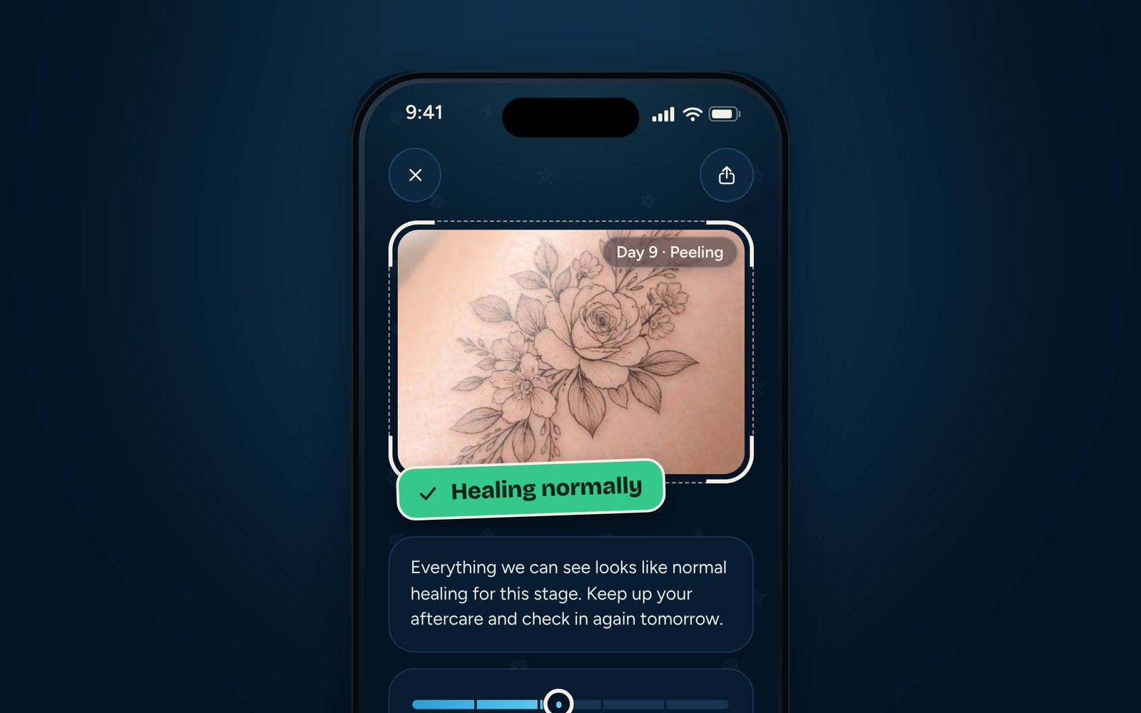 Ink Check result screen: a rose tattoo on day 9 with the verdict Healing normally
